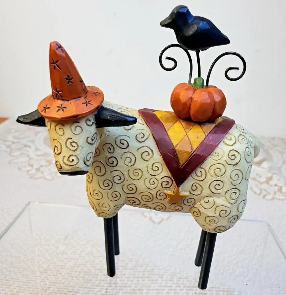 E. Smithson Resin Cow Figurine with Witch Hat, Pumpkin & Crow Rare